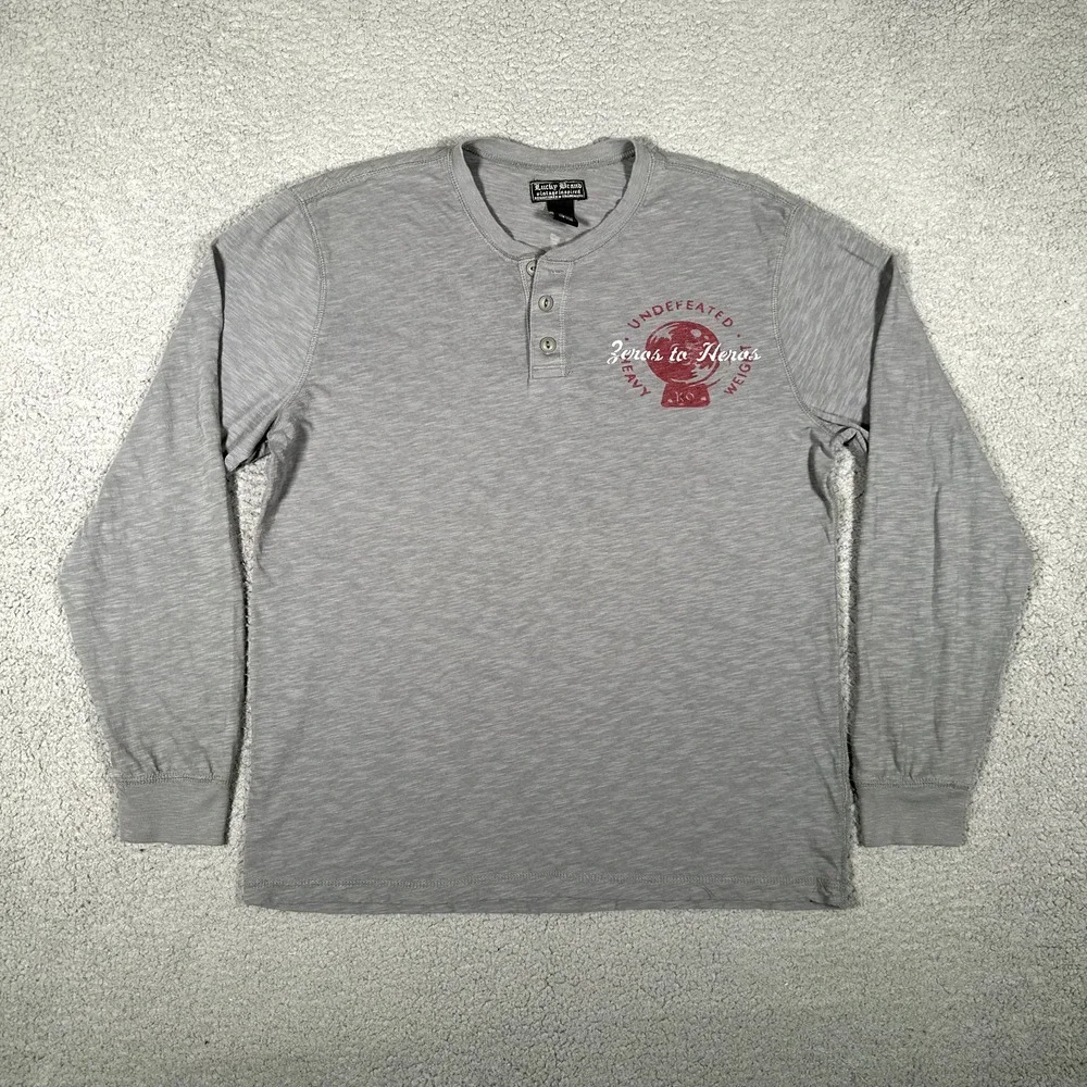 Lucky Brand Shirt Mens Large Gray Henley Vintage Inspired Graphic Tee Boxing Gym